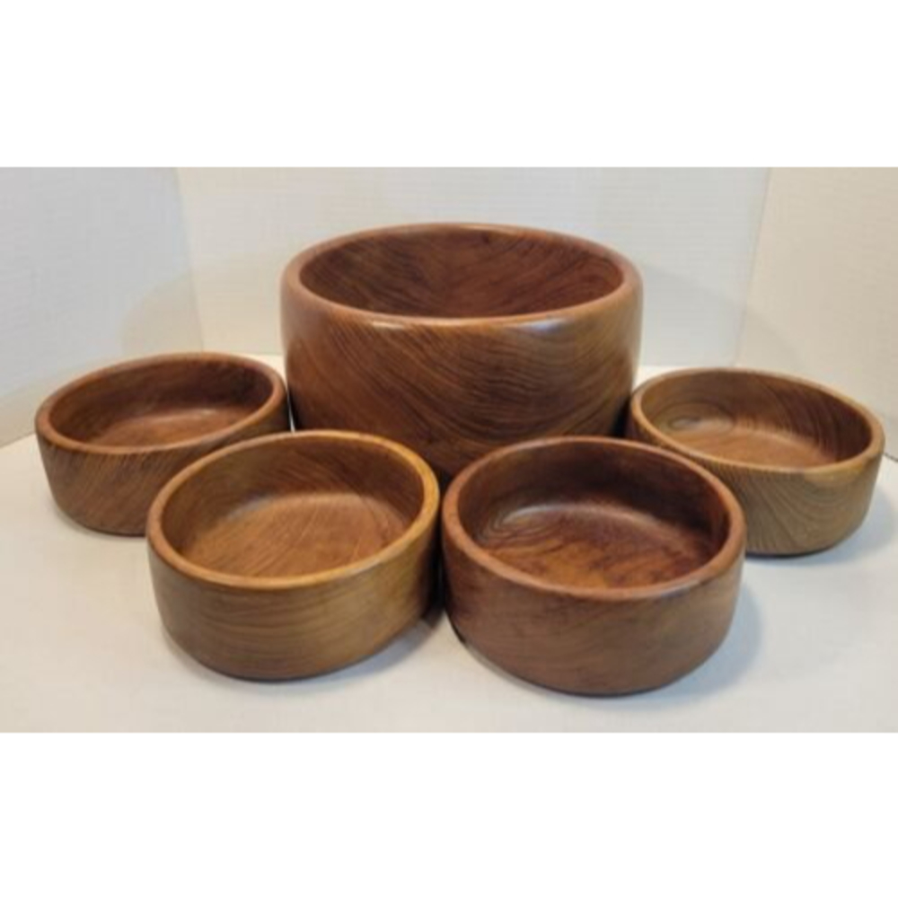 Dolphin Teakwood Wooden Bowl Set Large Serving 4 Small Salad Mid-Century